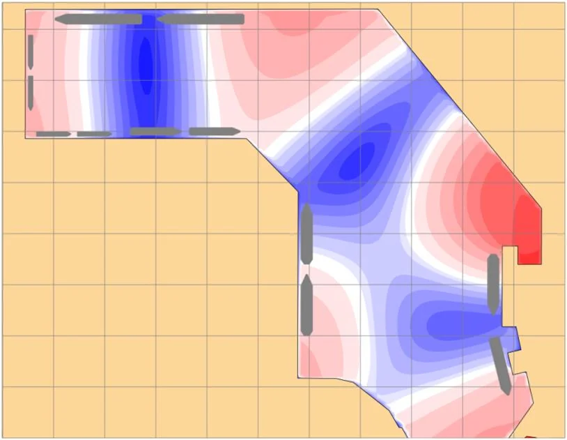 Amplification of surface elevation in a harbour computed with SWASH: red increase, blue reduction.