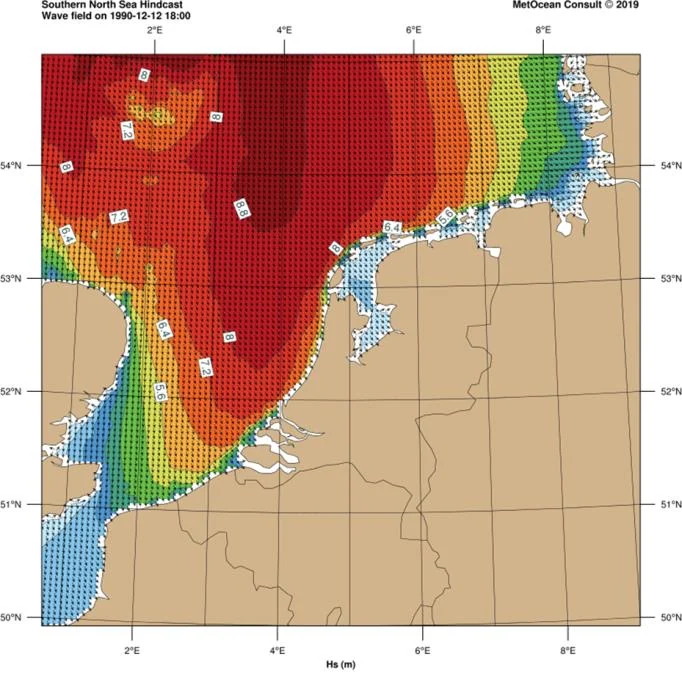 Hindcast wave field in the southern North Sea, computed with SWAN.